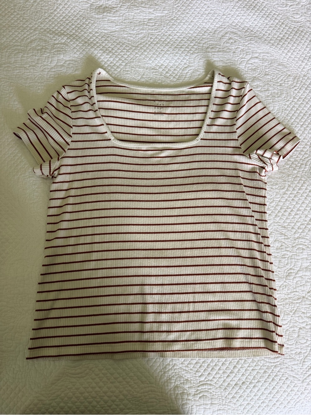 Women's Cream Ribbed Scoop Neck Top with Red Stripes